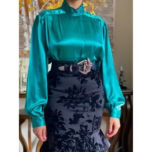 SOLD (VINTAGE) 80's Notations Green Satin Mock Neck Long Sleeve Blouse (12)